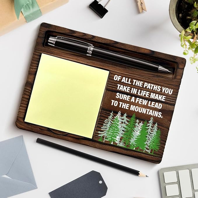 Inspirational Sticky Note Holder of All the Paths You Take in Life Desk Decorations Watercolor Mountain Encouragement Gifts for Women Men, Post it Note Dispenser for Office Desk Decor