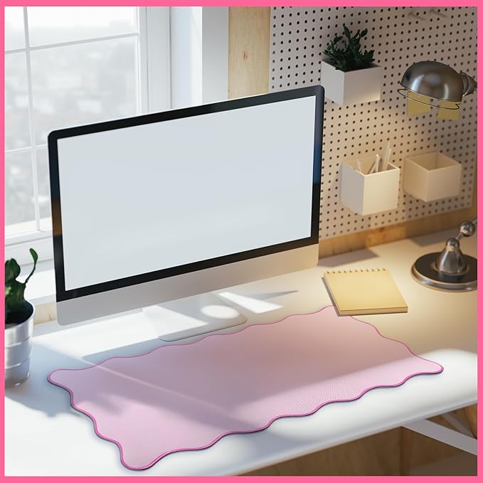 Hahafelt Scalloped Desk Mat Large Scalloped Piping Cute Desk Mat Aesthetic Preppy Table Pad Large Nonslip Pad with Edge Stitching Waterproof Gaming(Pink,23.6 x 13.8 Inches)