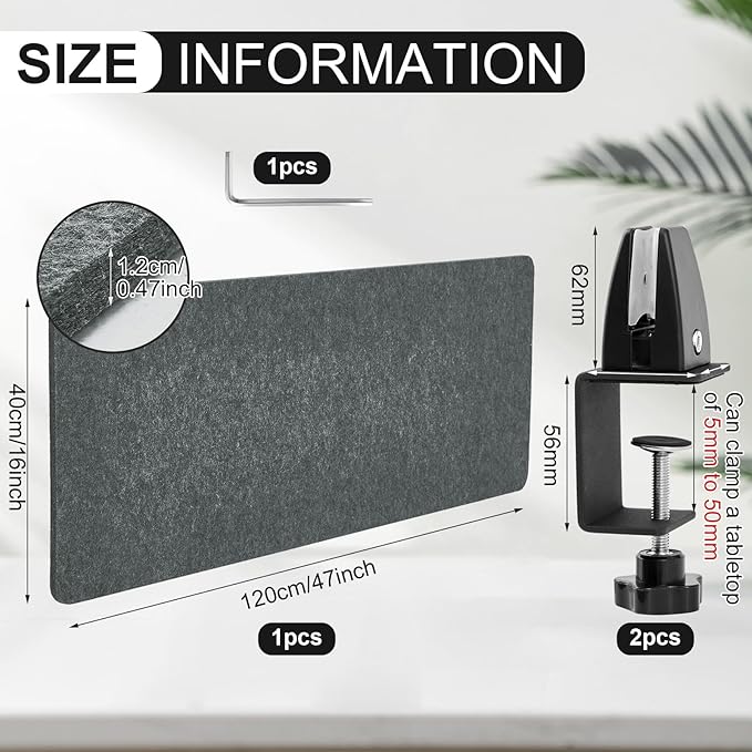 Colarr Sound Proof Dividers with Clamp 16 x 47 '' Mounted Desk Divider Privacy Panel Acoustic Absorbing Desk Partition Privacy Boards for Office Desktop Accessories Reduce Distractions