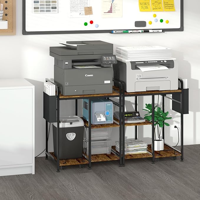 Sedegn Home Printer Stand with Charging Station, 24x18 Inches Stands for Large Printer, Printer Shredder Stand with Storage for Home Office, Table for Fax Machine/PC Tower (Rustic Brown)