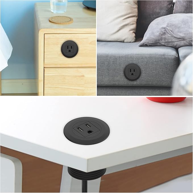 2 inch Desk Power Grommet, Flush-Mount Desk Outlet Build-in 1 US Standard Outlet, Mini Desktop Power Hub Grommet Socket for Desk Nightstand Cabinet Counter, 3.28 FT Heavy Duty Power Cord