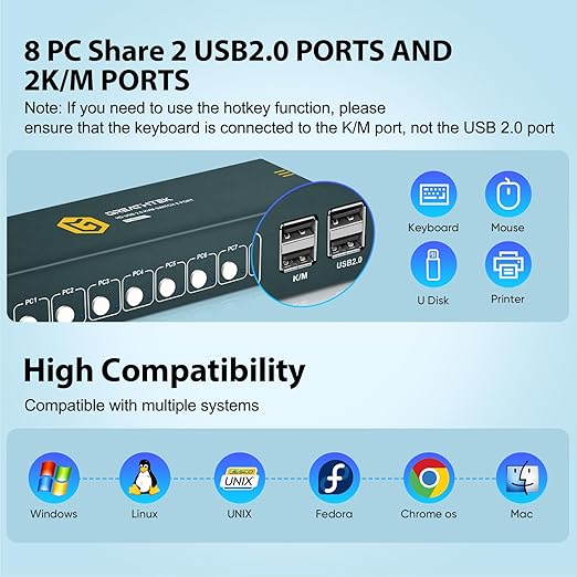8 Ports HDMI KVM Switch, 8 Computers Share 1 Monitor Keyboard and Mouse, USB2.0 4K@30HZ 8 in 1 Out Monitor Switch with Hotkeys, Adaptive EDID