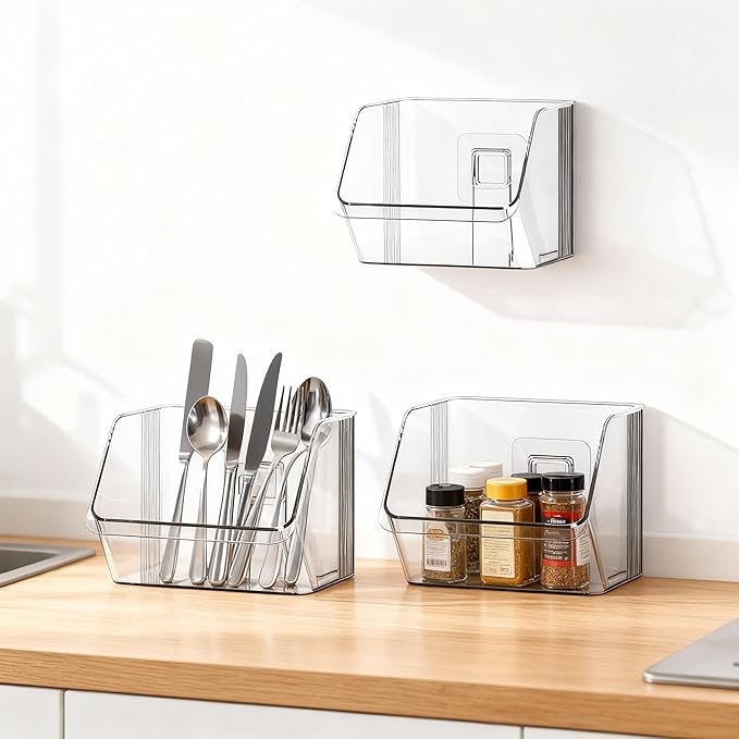 3 Pack Clear Plastic Wall Mount Storage Bins,Spice Rack Kitchen Organization and Storage,Organizing Small Items No Drilling Hang Walls/Doors for Bathroom, Bedroom, Office,Space-saving