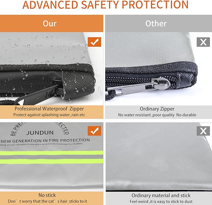 JUNDUN Fireproof Money Bag, 10.6"x6.7" Waterproof and Fireproof Cash Bag with Zipper Closure,Fireproof Safe Storage Pouch Envelope for Money,Cash and Passport,Silver