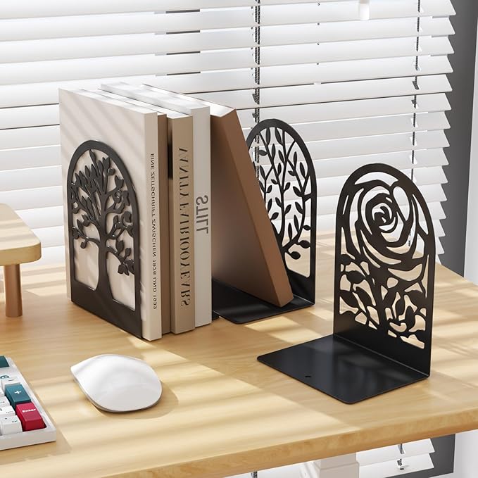 MaxGear Decorative Book Ends, Heavy Duty Bookends for Shelves, Metal Bookend for Heavy Book Supports, Office Bookends Shelf Holder Black 3pair, Non-Skid Book Stoppers 6.89x4.89x3.54 inch