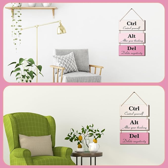 Qunclay 3 Pcs Office Wall Decor Pink Wood Rustic Hanging Cubicle Decor Summer Inspirational Ctrl Alt Del Sign Decoration for Bathroom Indoor Home Living Room