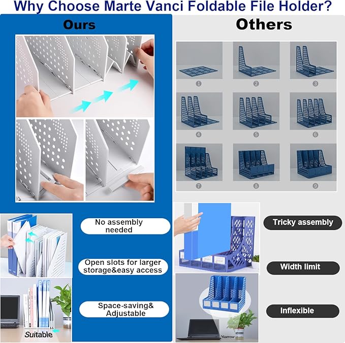 Marte Vanci Collapsible Magazine File Holder with 4 Vertical Compartments, Binder Holder for Desk, Desktop Binder Organizer for Notebook, Documents, Book, School Office Supplies(Light Gray)