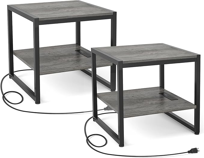Homieasy End Table with Charging Station, 20" Mini Fridge Stand with Power Outlets, Heavy Duty Side Table for Living Room, Small Table Stand & Fridge Table, Black Oak, 2 Pack