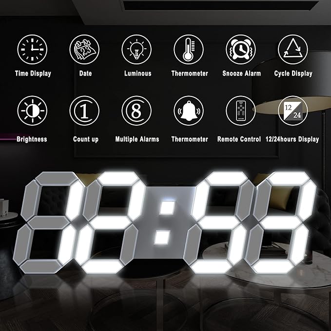 15" 3D LED Digital Wall Clock, Large Decor Wall Clock, 12/24H, Time/Date/Temperature Display, Adjust Brightness, Easy Read Time,for Office/Living Room/Meeting Room/Kitchen