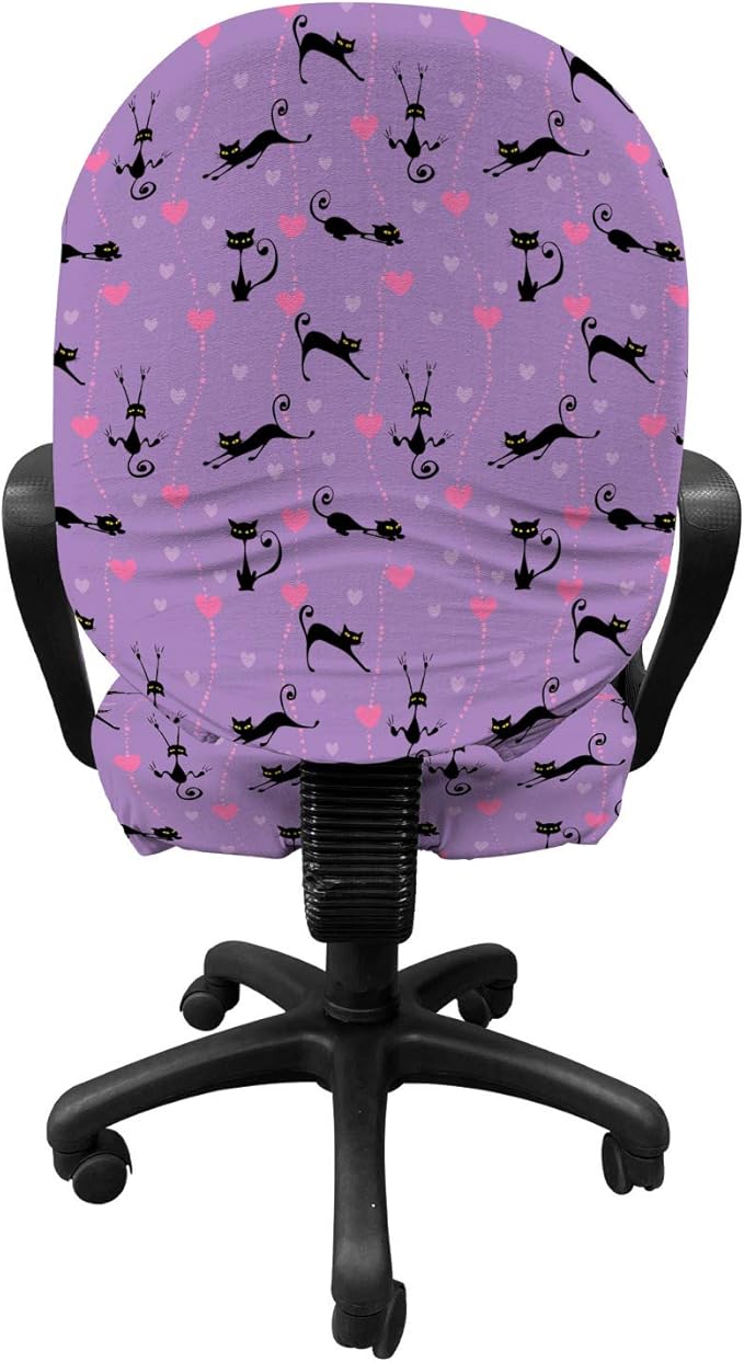 Ambesonne Cat Office Chair Slipcover, Funky Romantic Pattern with Little Hearts Funny Jumping Black Cat Characters, Protective Stretch Decorative Fabric Cover, Standard Size, Lavender Black