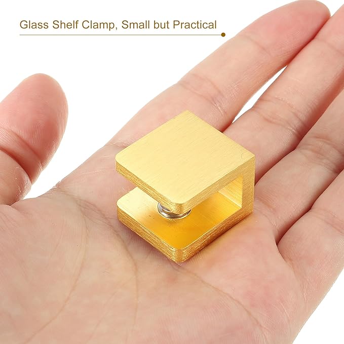 uxcell Glass Shelf Clamp, 2Pcs Brass Glass Clamp for 8-10mm Thick Glass, Adjustable Glass Shelf Bracket Support Holder, Gold