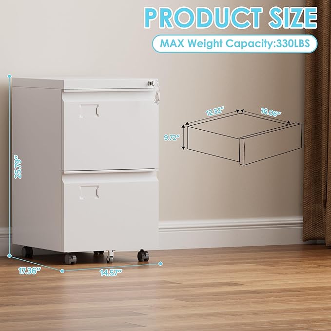 Aobabo Rolling File Cabinet with Lock,2 Drawer Metal Filing Cabinet for Home Office & Under Desk, Heavy-Duty Mobile Storage with 5 Wheels (Anti-Tilt), Fits Letter/Legal,WhiteRequired Assembly
