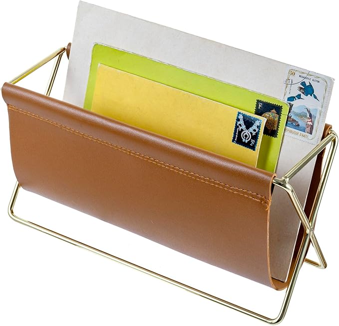 MyGift 10 Inch Mid Century Caramel Leatherette Mail Sorter Letter Holder Rack with Brass Tone Metal Frame, Faux Leather Sling Style Office Desk Card Envelope Organizer Stand