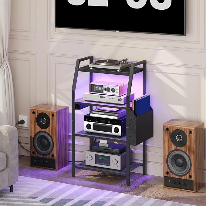 MAHANCRIS 4-Tier AV Media Stand with Power Outlet & LED Lights, Game Console Shelf with Side Storage Bag, Corner Stereo Stand Rack Audio Tower for Small Video DVD Players and Boxes, Black MSBK01E01