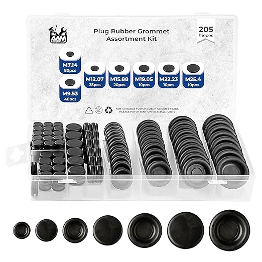 Rubber Grommets for Wiring-205pcs Assorted Firewall Hole Plugs in 7 Sizes M25.4, M22.23, M19.05, M15.88, M12.07, M7.14, M9.53-Waterproof Rubber Grommet Kit Wire Grommet Perfect for Sealing Auto Panel