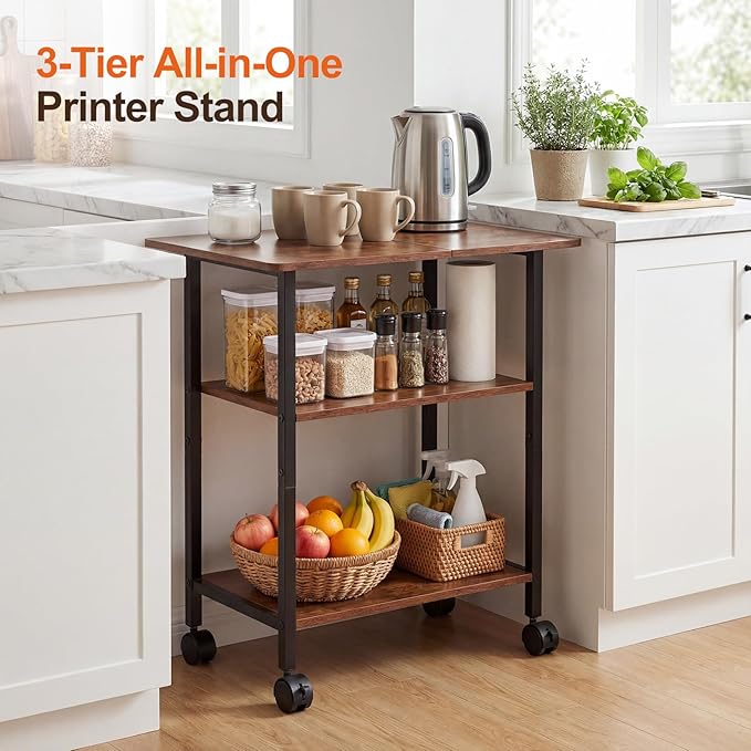 King Oasis 3-Tier Printer Stand with Wheels, Industrial Mobile Printer Cart with Storage Shelf for Home Office Organization, 3D Printer, Side Table for Living Room, Bedroom, Rustic Brown
