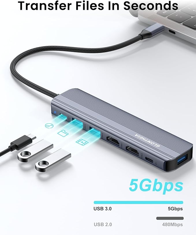 USB C Hub Docking Station Dual Monitor for Laptop, MacBook Air/Pro Dock Adapter Multiport Dongle with 2 HDMI Ports 4K 60Hz, 100W PD Charging, 3 USBA 3.0 & USBC
