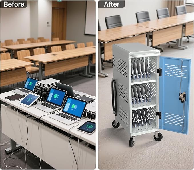 Fully Assembled 18-Device Charging Cart for Chromebook - Locking Laptop Cabinet with Cable Management, Cord Organization, Power Strip - Locks and Stores Tablets up to 14'' and 1.4'' Thick (Gray)