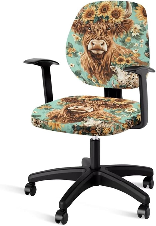 Highland Cow Office Chair Covers Stretchable Office Chair Seat Cover 2 Piece Sunflowers Gaming Chair Cover Universal Fit Wheelchairs,Computer Chairs,Gaming Chairs Brown