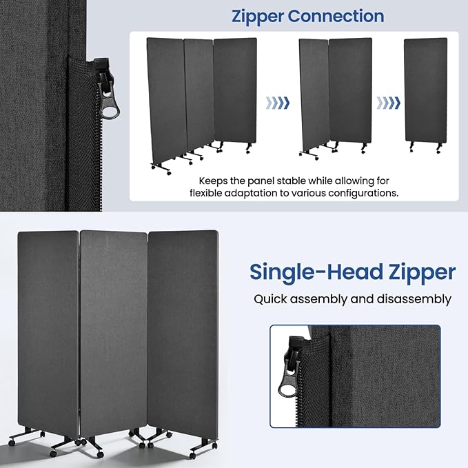 72in 3-Panel Soundproof Room Divider with Wheels, Heavy-Duty Acoustic Partition Temporary Wall for Noise Reduction, Portable Divider for Home Hospital Library Classroom - Dark Grey
