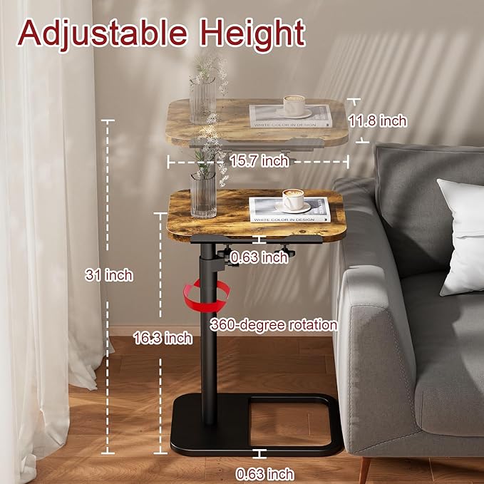 Tv Tray Table Adjustable Height Couch Side Table, Tilt Angle Adjustments-360° Swivel/180° Flip-Over Panel C-Shaped End Table With Tablet Slot, Computer Desk for Chair, Living Room (Rustic Brown)