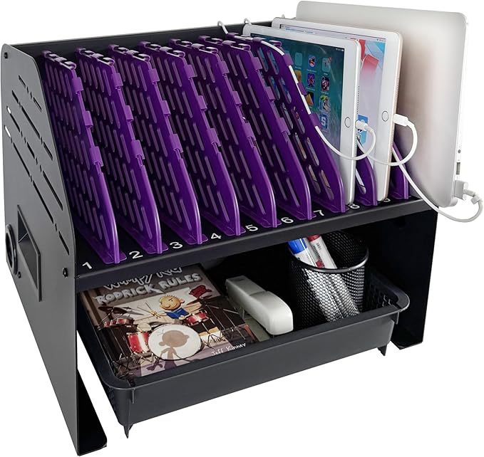 Laptop Charging Station for Classroom, Office, or Home, 10-Device Organizer with 6 AC Outlets & 4 USB Ports, Fits Laptops, Tablets & E-Readers up to 1.375" Thick, 15.3" x 13" x 13"