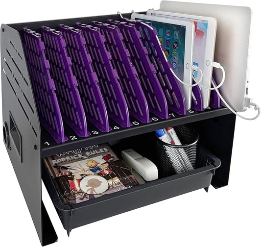 Laptop Charging Station for Classroom, Office, or Home, 10-Device Organizer with 6 AC Outlets & 4 USB Ports, Fits Laptops, Tablets & E-Readers up to 1.375" Thick, 15.3" x 13" x 13"