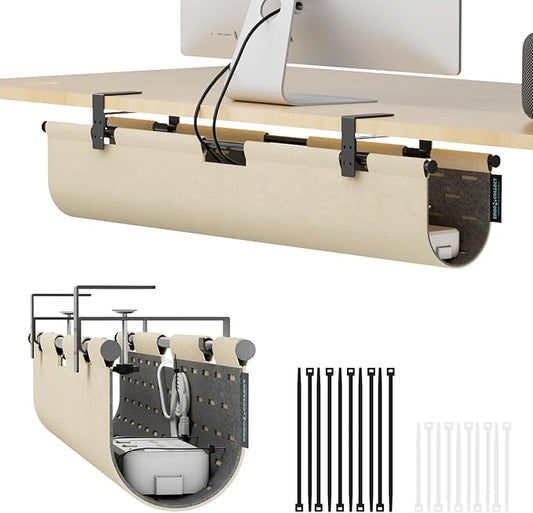 2-in-1 Under Desk Cable Management Tray & Privacy Panel, Dual-Sided Thick Felt Cord Organizer with 20 Cable Ties, Heavy Duty Steel Frame Support, No-Drill Clamp Mount, Large Capacity (Khaki/Gray, 30")
