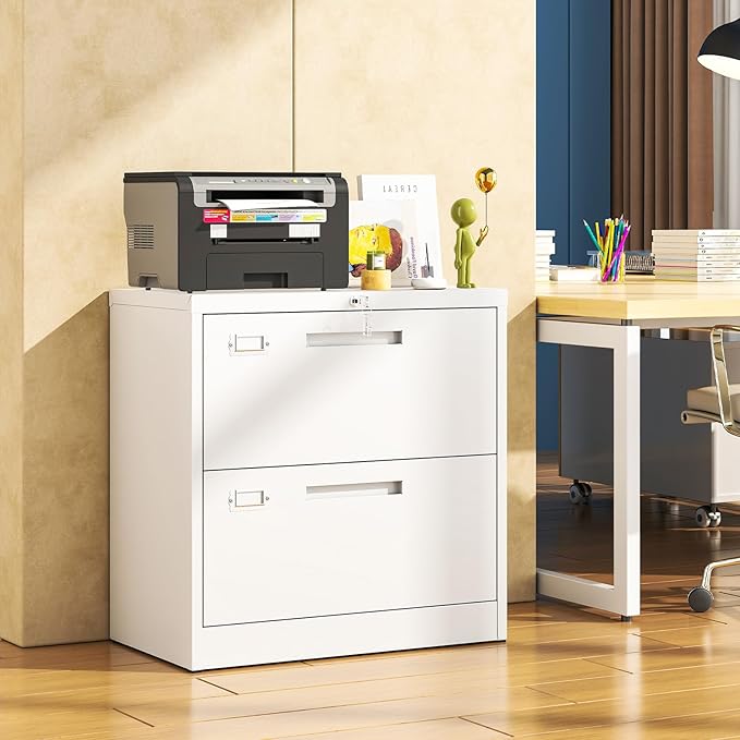 Metal Lateral 2 Drawer File Cabinet with Lock, Wide Filing Cabinet for Letter/Legal/F4/A4 Hanging Files, Storage Cabinet for Home Office School, White