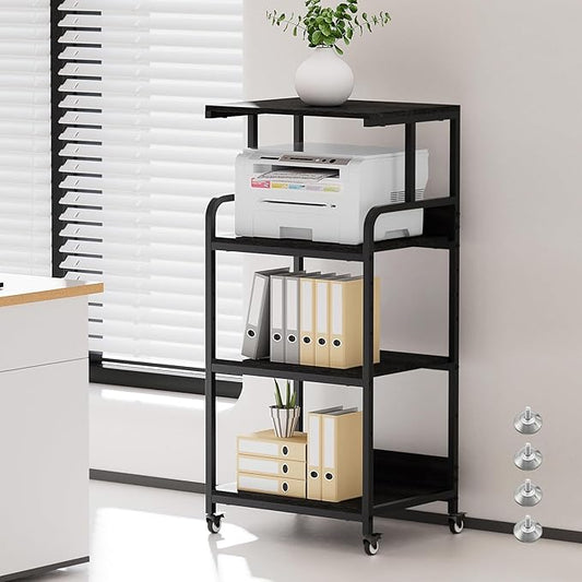 4 Tier Printer Stand with Wheels, Extra Large Tall Printer Table for Home Office, Printer and Shredder Stand with Storage Shelf (Black)