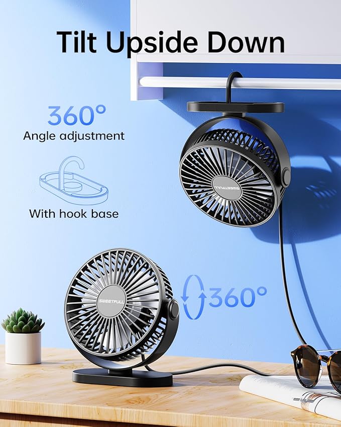 SWEETFULL USB Desk Fan Small Quiet - 3 Speeds Mini Personal Portable Fan 360° Rotation Adjustable, 5.5 Inch Office Table Cooling Gadgets on Desktop (Black)