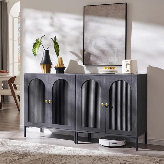 IFGET Modern Buffet Cabinet with Storage, 61.75" W Fluted Arched Sideboard Cabinet w/Adjustable Shelves, Wooden Modular Coffee Bar for Dining Room, Kitchen, Living Room, Entryway, Dark Grey