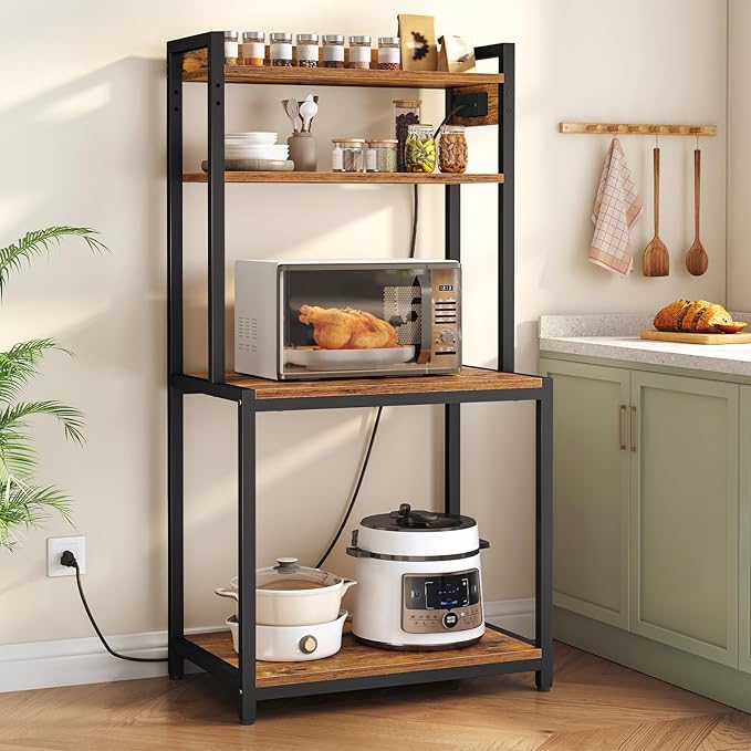 HOOBRO Printer Stand with Charging Station, 4-Tier Printer Table with Storage, Large Tall Printer Shelf, for Home Office, Kitchen, Living Room, Black and Rustic Brown BF13UPS01