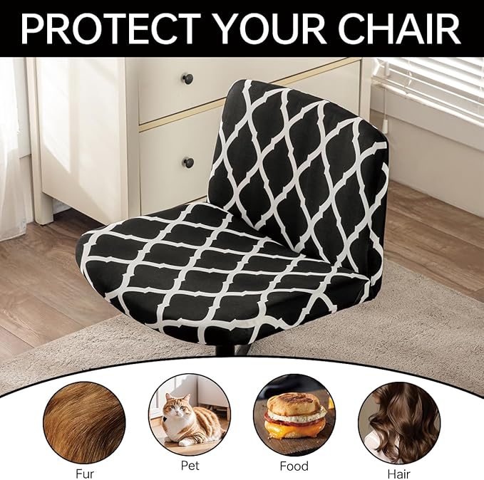 Armless Chair Slipcover Stretch Criss Cross Chair Cover, Mid Back Wide Seat Accent Chair Covers,Modern Vanity Chair Cover for Office Desk (Black Grid)