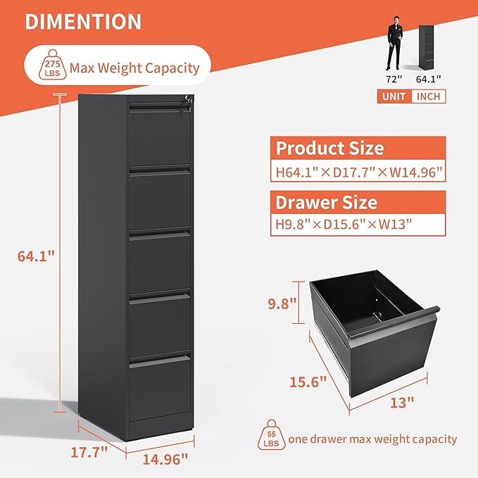 IKIMI 5 Drawer File Cabinet,Metal Filing Cabinets for Home Office,Vertical File Cabinet with Lock,Heavy Duty Metal Storage Cabinet for A4/Letter/Legal Size Files,Assembly Required