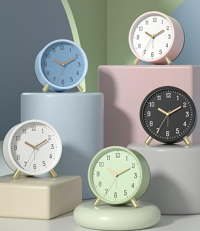 SHISEDECO Alarm Clock with Backlight, 4.5 inches Bedside Analog Non-Ticking Silent Small Deskclock with Arabic Numerals, Battery Operated Round Tableclock for Living Room, Bedroom (Blue)