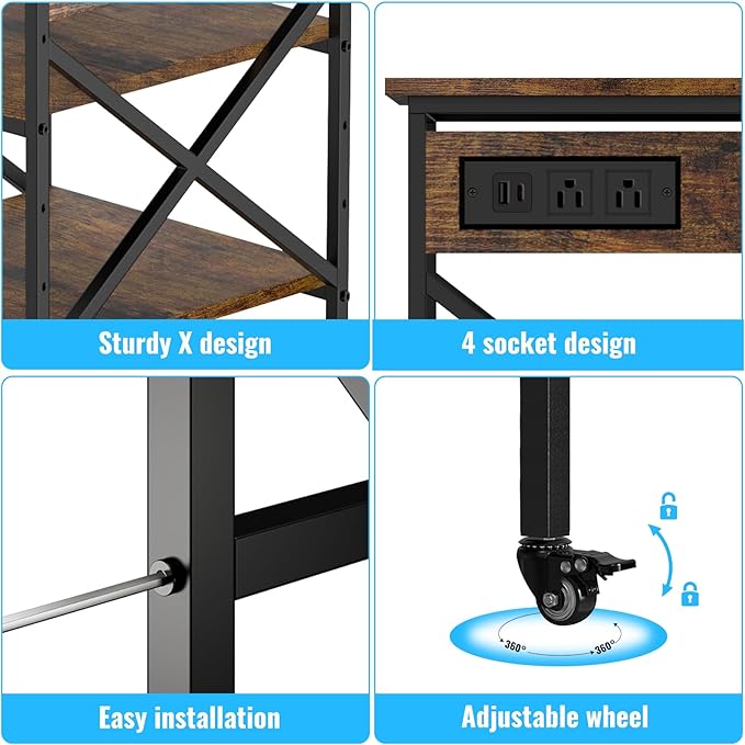 Large Printer Stand with Power Outlet 3 Tier Adjustable Shelves Mobile Cart with Industrial Casters 23.6 x 23.6 x 30 Inches for Home Office Rustic Brown
