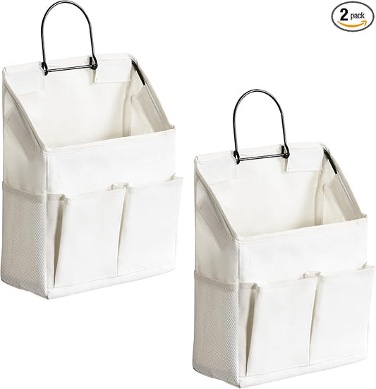 2pcs Wall Hanging Storage Bag, Small Door Closet Linen Fabric Pockets Organizer, Waterproof Multi Functional for Living Room Bedroom Bathroom Kitchen RV Camper with Hooks All White