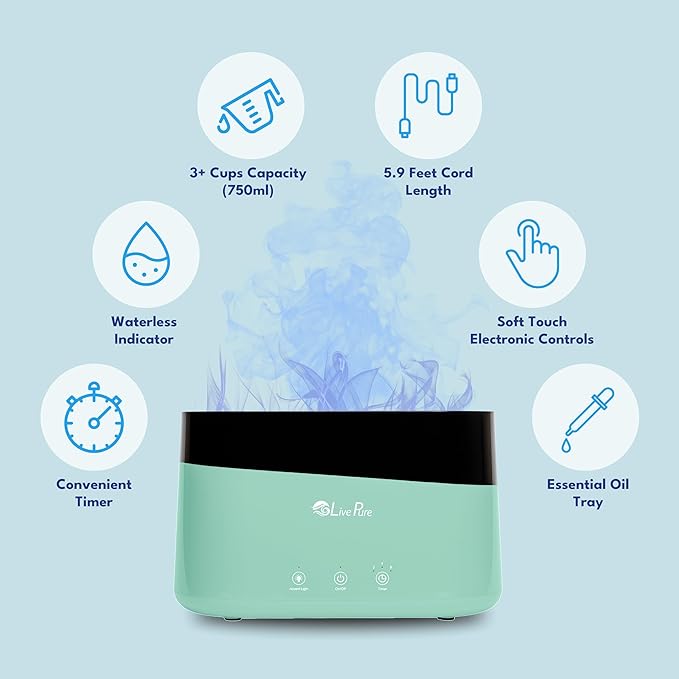 LivePure LP300HUM Aqua Flame Cool Mist Humidifier – Small Ultrasonic Plant Humidifier Indoor with Essential Oil Diffuser – Dorm Essentials, Apartment, Desks & Home Office Aqua - 0.20 Gal/ .75L