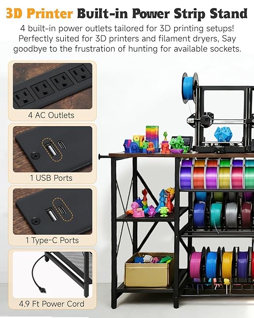 3D Printer Stand with Charging Station, Large 3D Printer Table with Filament Storage, Heavy Duty 3-Tier Filament Storage Rack with Drawer, 3D Printer Desk for Workshop, Office and Garage (Brown)
