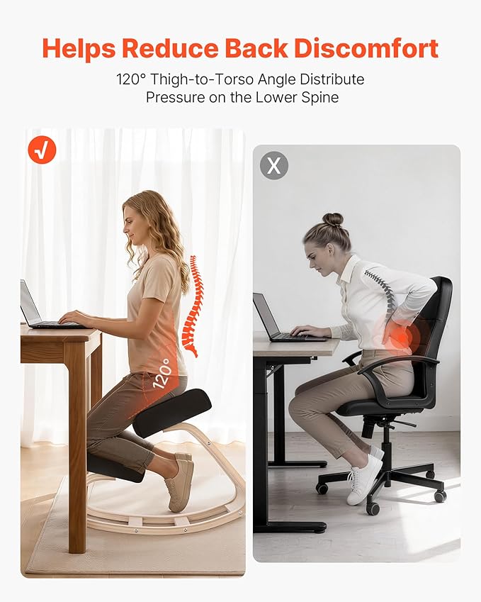 VEVOR Ergonomic Kneeling Chair, Wooden Posture Knee Chair with Thick Foam Cushions and Solid Wood Frame, Adjustable Height, Natural Relief for Neck or Back Pain, Ideal for Home, Office or Meditation