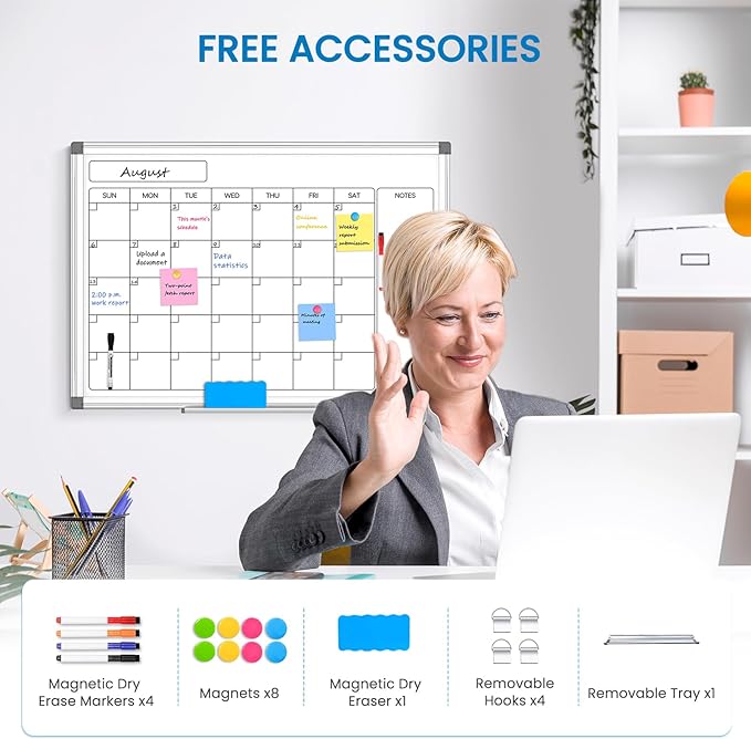 Monthly Calendar Dry Erase Whiteboard for Wall, 36" x 24" Double-Sided Calendar White Board, Magnetic Portable Board for Office, Kitchen, School, Home