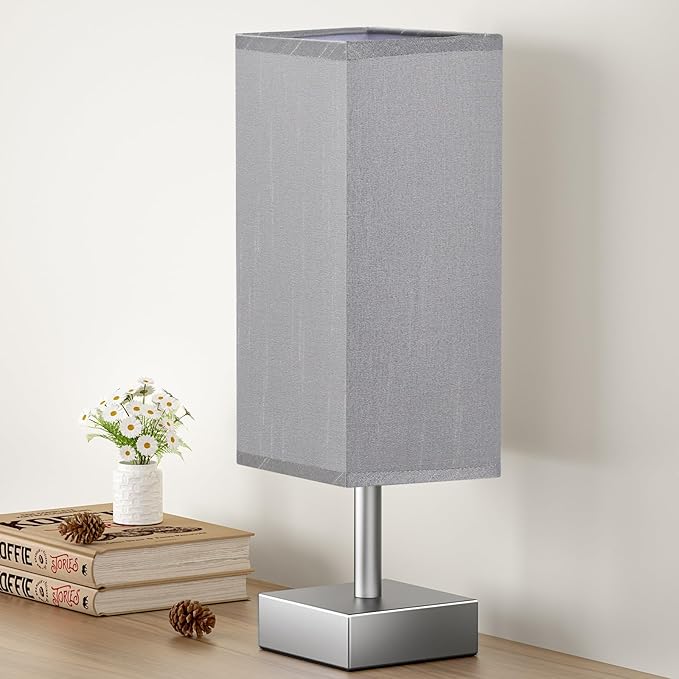 aooshine Grey Table Lamp - Bedside Lamp for Bedroom, Minimalist Nightstand Lamp with Square Fabric Shade, Desk Lamp for Kids Room Dorm