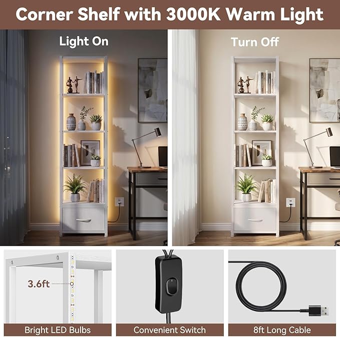 Housolution 6 Tier Bookshelf with LED Light, 60.6" Tall Narrow Corner Shelf Stand with Fabric Drawer, Bookcase Storage Organizer, Industrial Display Standing Shelf Unit for Living Room, White