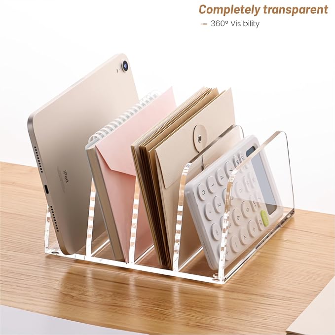 YUXUN Acrylic Mail Sorter for Desk, 4 Compartment Letter & Document Holder with Non-Slip Base, Small File Holders for Bills, Envelopes, Letters,Mails, Papers, Clear Office Supplies for School Home