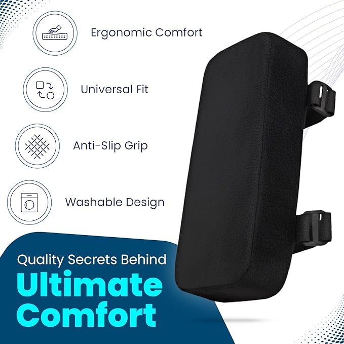 Thick Memory Foam Office Chair Arm Pads - Office Chair Armrest Covers Provide Elbow Cushion and Relieve Pressure - Ergonomic Desk Chair Arm Covers - Gaming, Computer Chair Rest Pads (Set of 2) (Black)