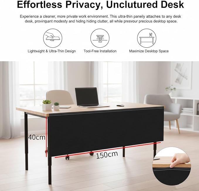 2Pcs 60 Inch Under Desk Privacy Panel, Self-Adhesive Desk Back Panel with Cable Management Pocket for Cord Organizer, Black Oxford Fabric Modesty Panels for Home Office Workstation