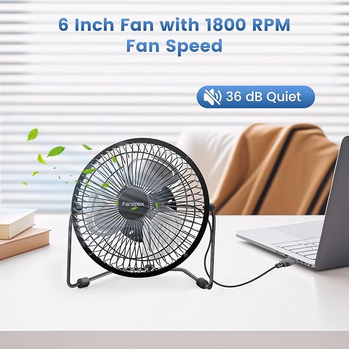 Fanspex 6" USB Desk Fan, Small Desktop Fans for Home Office Bedroom, Metal Construction with 360° Adjust Tilt, 1800 RPM Fan Speed