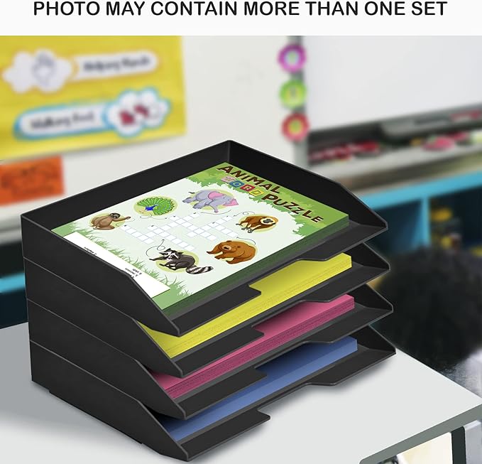 Acrimet 2 Tier Paper Organizer Letter Tray – Plastic Stackable Desk File Organizer, Side Load Paper Sorter for Letter/A4 Office File Folder Holder – Black