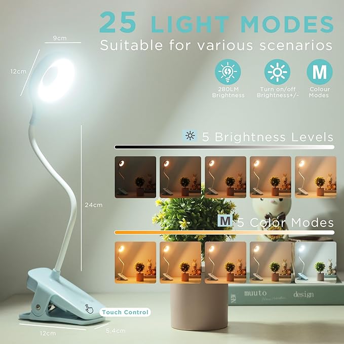 Akynite Desk Lamp LED Clip on Light, 5 Modes 5 Brightness Dimmable Clamp Light, Rechargeable Battery Flexible Clip on Reading Lamp for Bed Headboard Bunk Bed at Night for Kids (Blue)